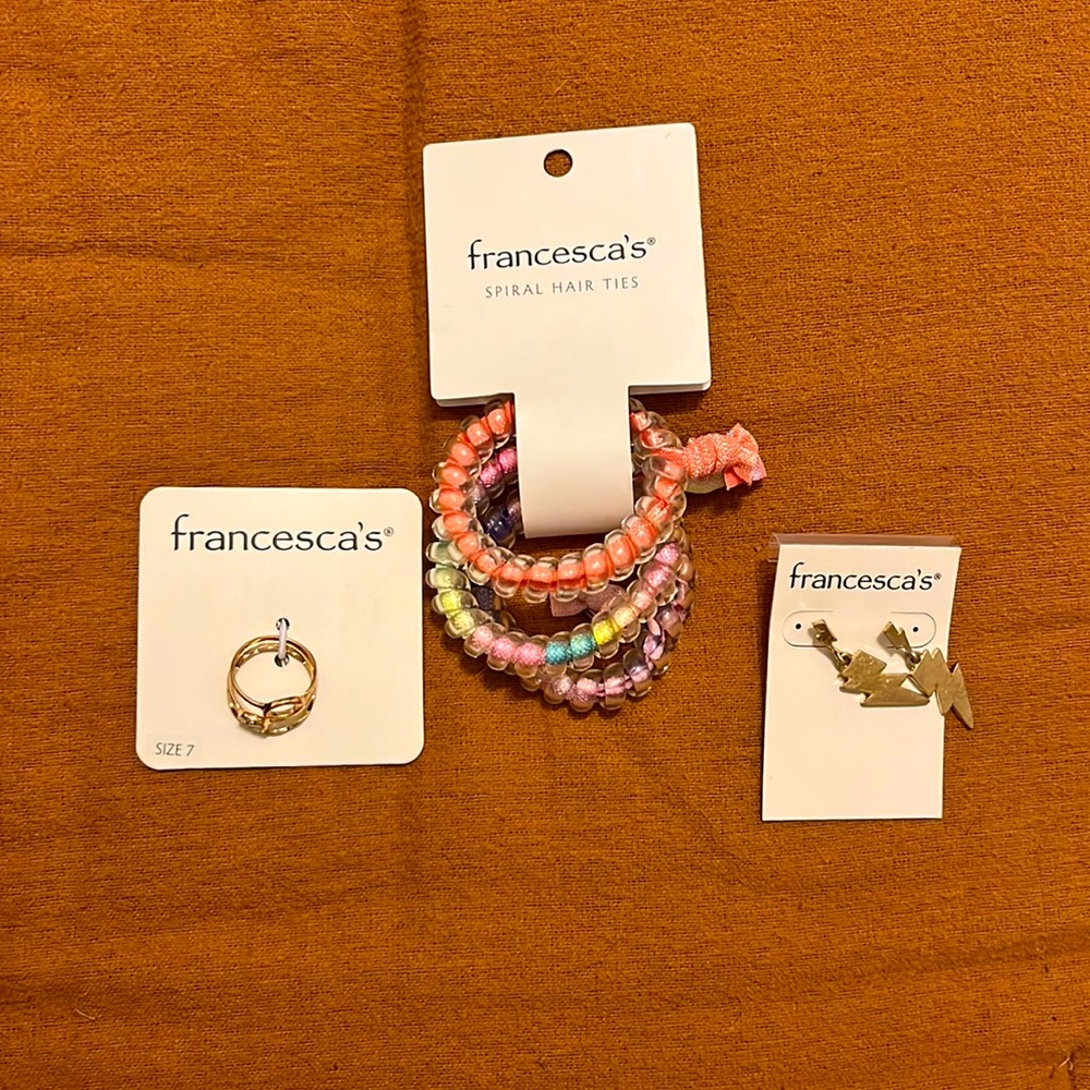 Francesca’s rings, earrings, and hair ties